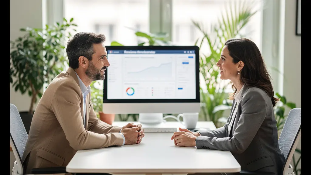 Conseiller financier et client en discussion dans un bureau contemporain avec ordinateur