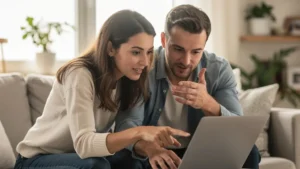 Couple français consultant un simulateur de capacité d'emprunt sur ordinateur portable