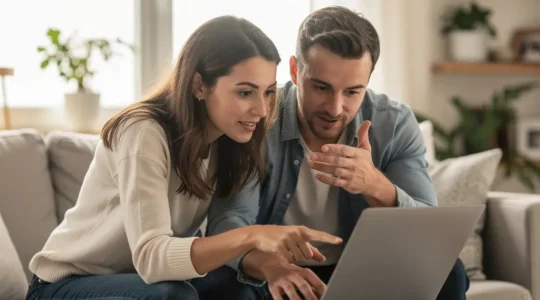 Couple français consultant un simulateur de capacité d'emprunt sur ordinateur portable