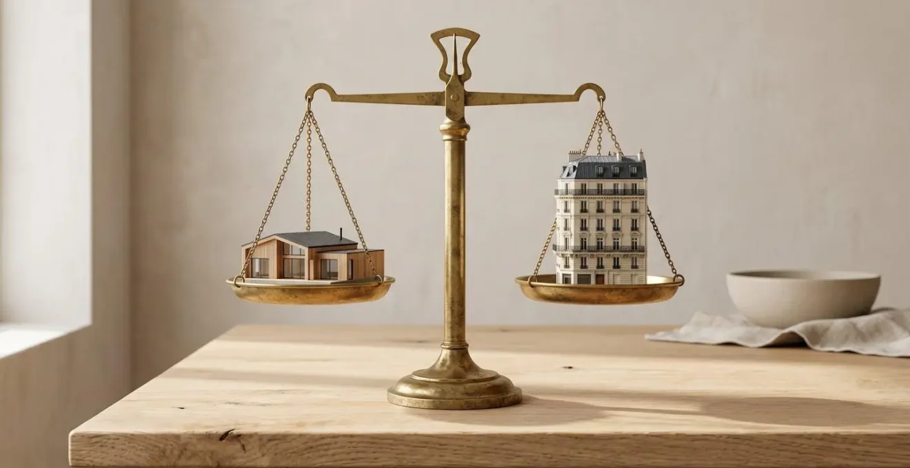 Balance à plateaux en laiton avec miniature de maison sur un plateau et miniature d'immeuble sur l'autre, en parfait équilibre, symbolisant le choix entre maison et appartement.