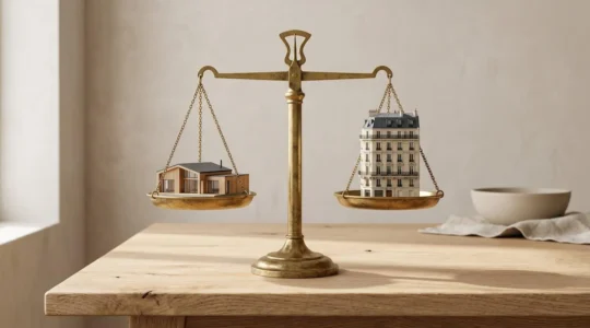 Balance à plateaux en laiton avec miniature de maison sur un plateau et miniature d'immeuble sur l'autre, en parfait équilibre, symbolisant le choix entre maison et appartement.