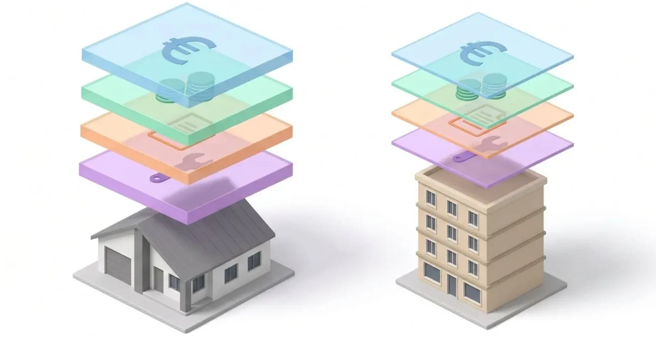 Illustration isométrique comparant une maison et un immeuble avec des couches transparentes superposées représentant les différents coûts de propriété (prix, charges, taxe, entretien).
