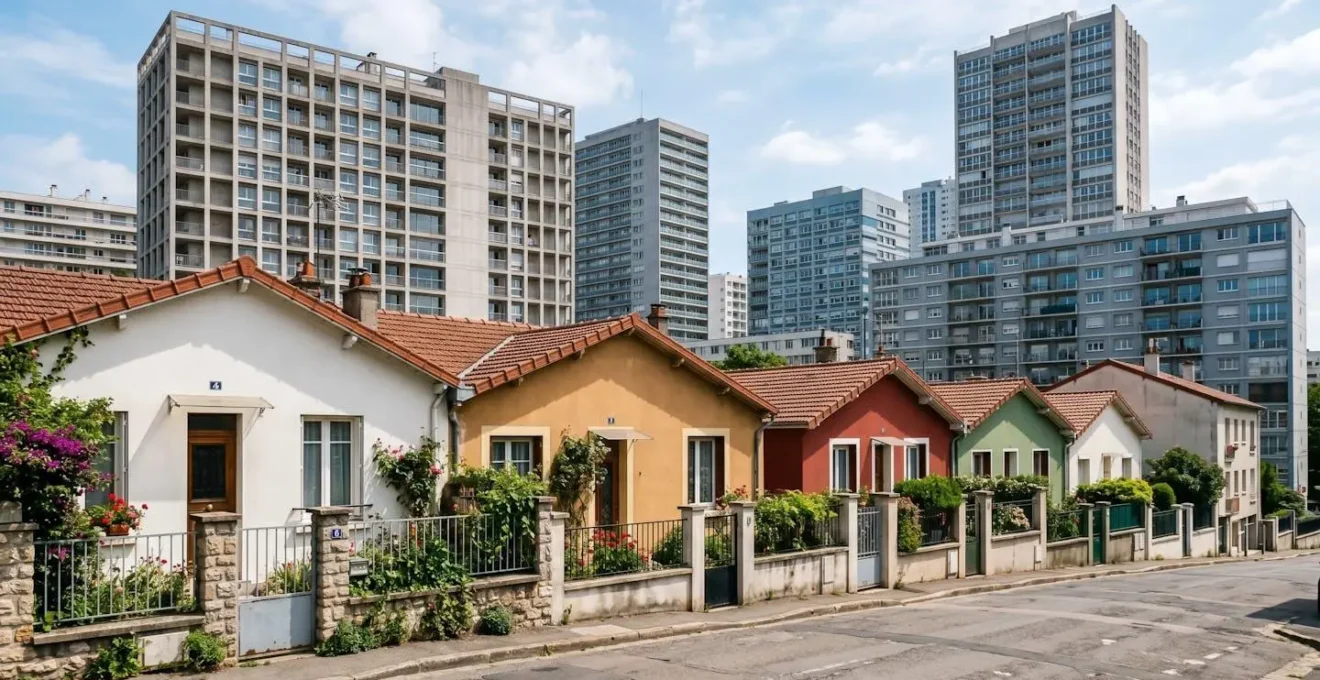 Vue urbaine contrastant des maisons individuelles basses au premier plan avec des immeubles en verre modernes en arrière-plan, illustrant la dualité architecturale maison-appartement.